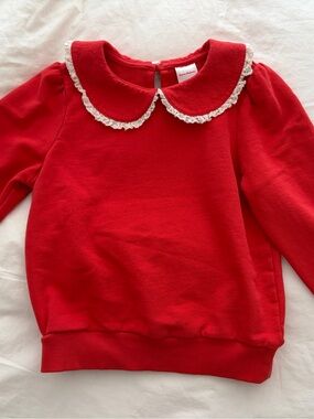 Hanna Andersson Red Peter Pan Collar Sweatshirt with White Lace Trim